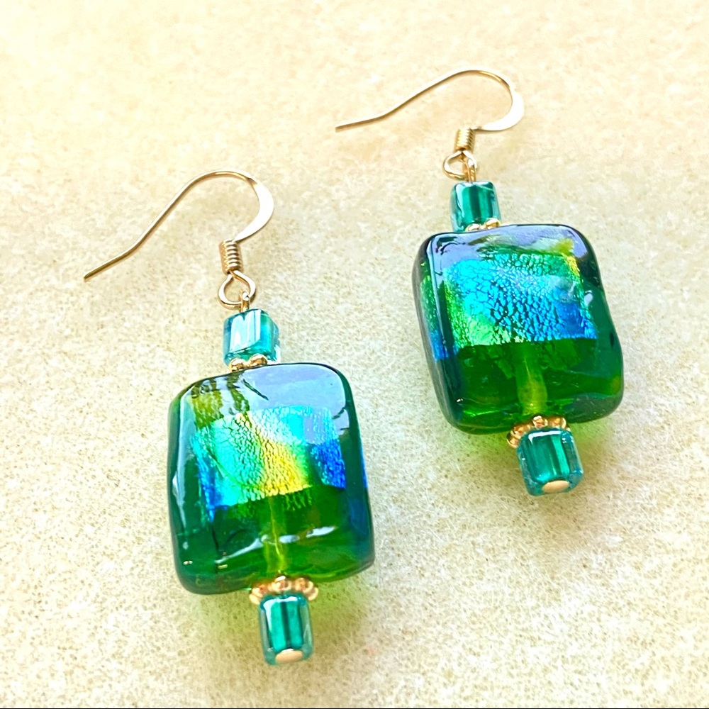 Earrings Green Handmade Dichroic Glass NEW